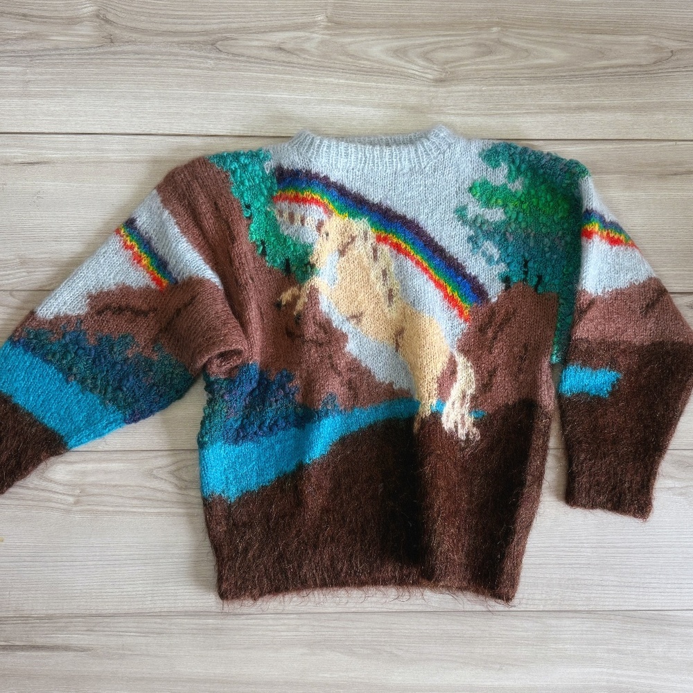 Vintage mohair sweater Unicorn fantasy landscape 1980s hand knit